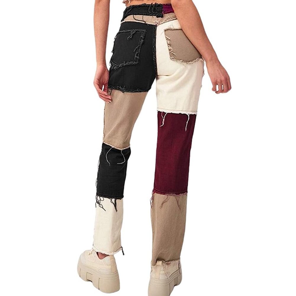 Spring hue Women Vintage Patchwork High-waist Straight Jeans Denim Pants Size M